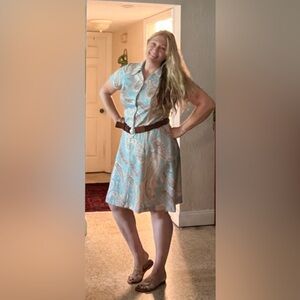 Vintage pale blue and beige paisley print collared dress by Three R’s